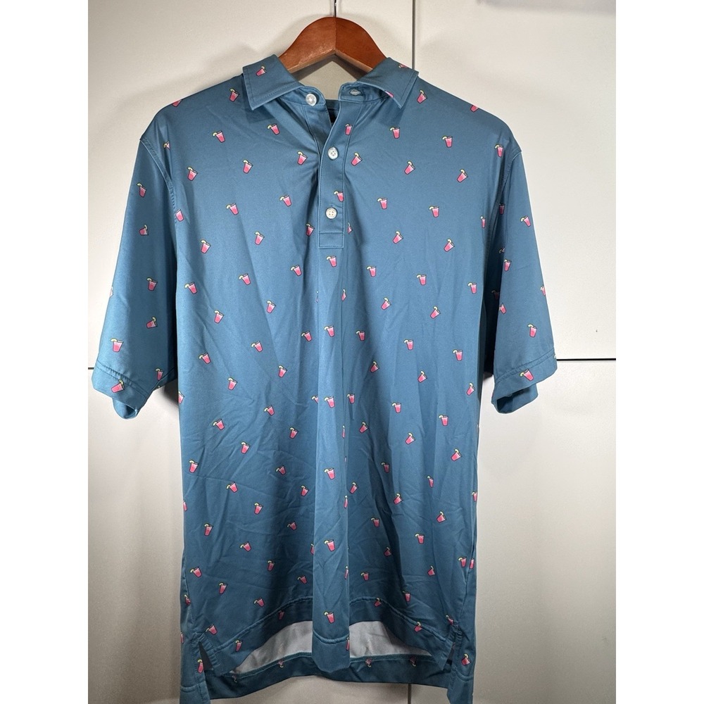 FootJoy Men's Golf Polo Shirt Medium Blue W/ Pink Lemonade‎ Print